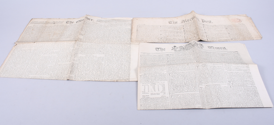 Two early 19th century newspapers, "The Observer" April 13 1821 and "The Morning Post" April 10