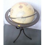 A terrestrial globe, on wrought iron stand with three splayed supports