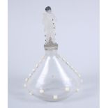 A French Art Deco glass scent bottle with cast Pierrot stopper, 7" high