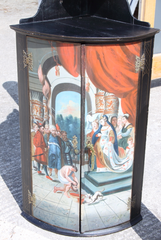 A late 18th century Continental painted corner cupboard, "Queen Thomyris with the head of King - Image 2 of 2