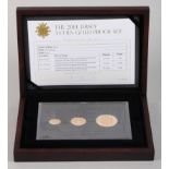 The 2014 Jersey Three-Coin Gold Proof Set, £1, £2 and £5, in fitted case, 63.9g gross