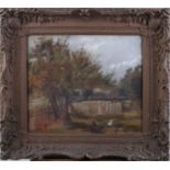 An oil on canvas, woman by a gate with chickens, 11" x 13", in gilt carved frame