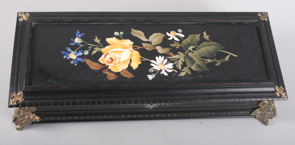 A 19th century ebonised and gilt brass mounted Italian pietra dura glovebox with silk lining, 14" - Image 3 of 5