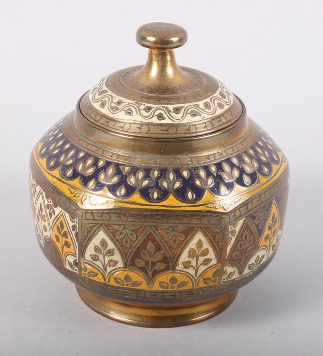 An Indian champleve enamelled hexagonal brass jar and cover, 5" high, and a plated brass engraved