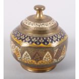 An Indian champleve enamelled hexagonal brass jar and cover, 5" high, and a plated brass engraved