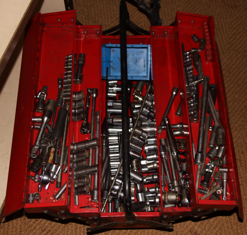 A red painted cantilever toolbox, containing a quantity of sockets, drill bits, etc, a collection of - Image 3 of 3