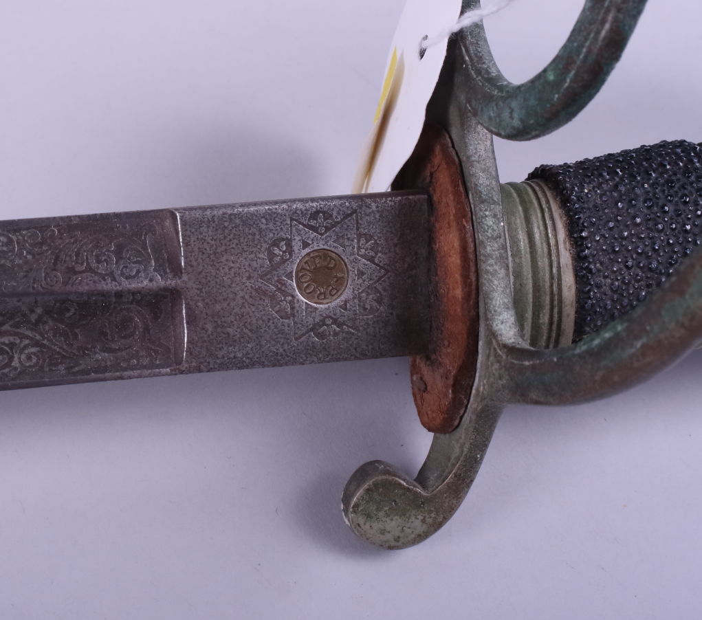 A Royal Artillery sword, in leather sheath, said to be owned by Colonel Buckthort Hooten-Oliver OBE, - Image 3 of 8