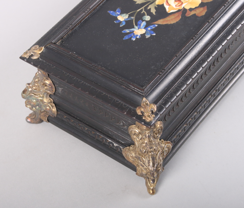 A 19th century ebonised and gilt brass mounted Italian pietra dura glovebox with silk lining, 14" - Image 2 of 5