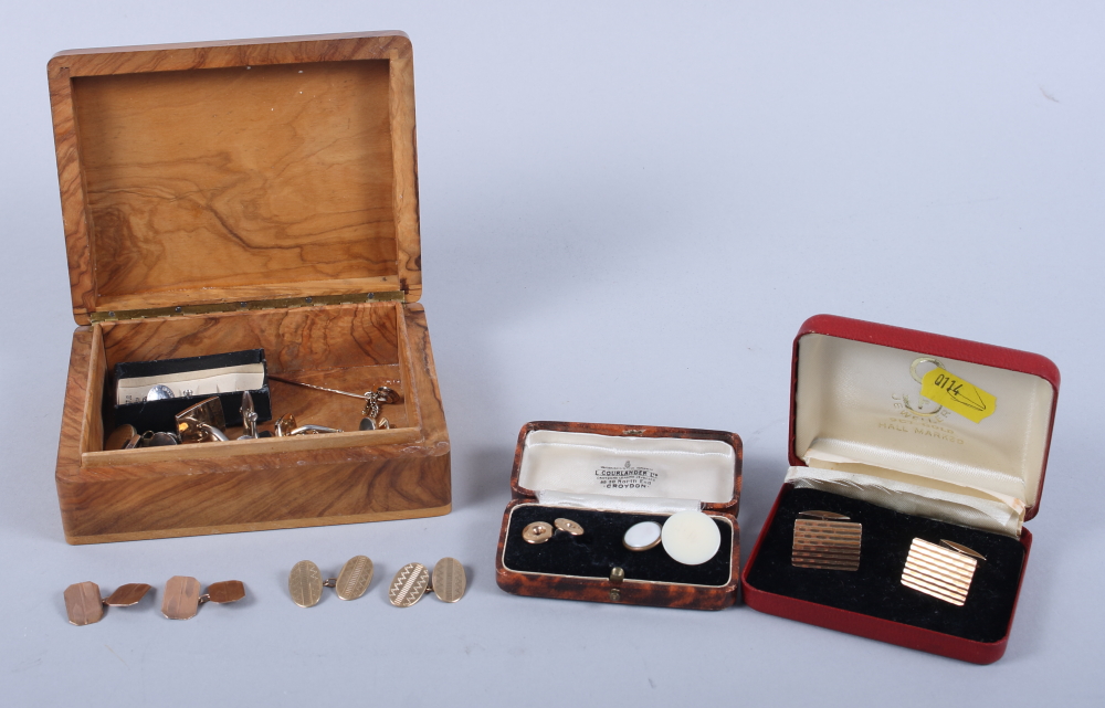 Three pairs of 9ct gold cufflinks, 17.1g, a pair of silver cufflinks and a quantity of costume