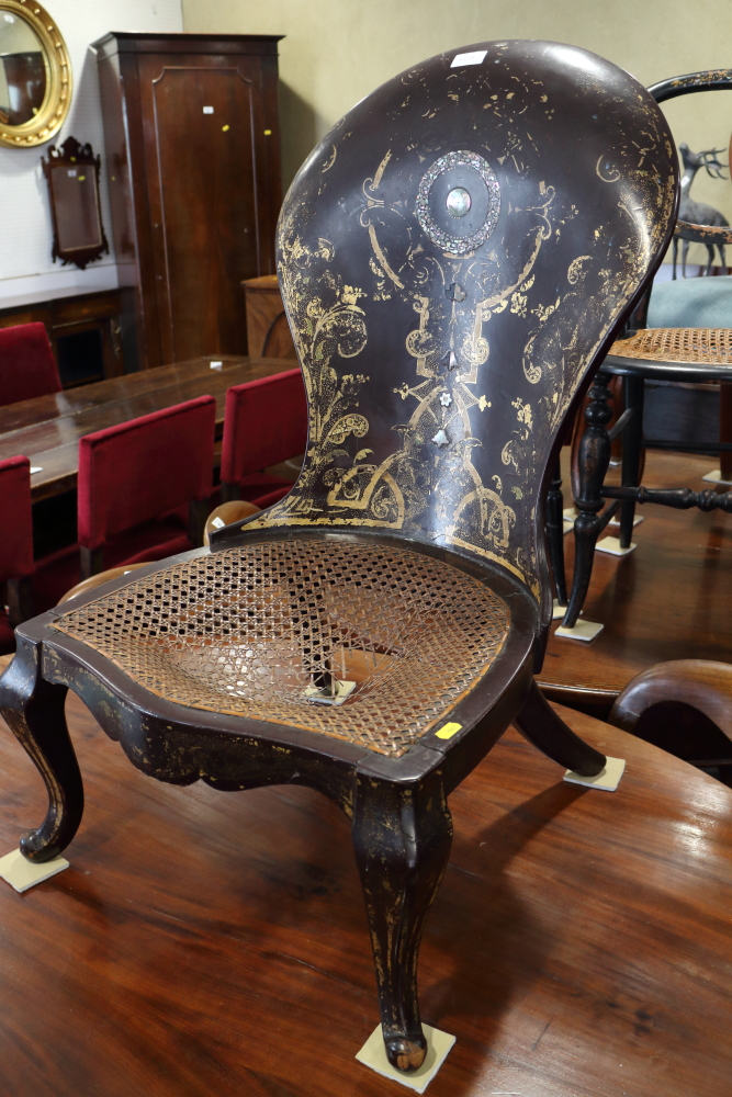 A pair of Victorian Japanned and mother-of-pearl inlaid bedroom chairs and similar papier-mache - Image 2 of 2