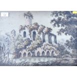 A 19th century woolwork picture of castle ruins, 12" x 17", in gilt frame