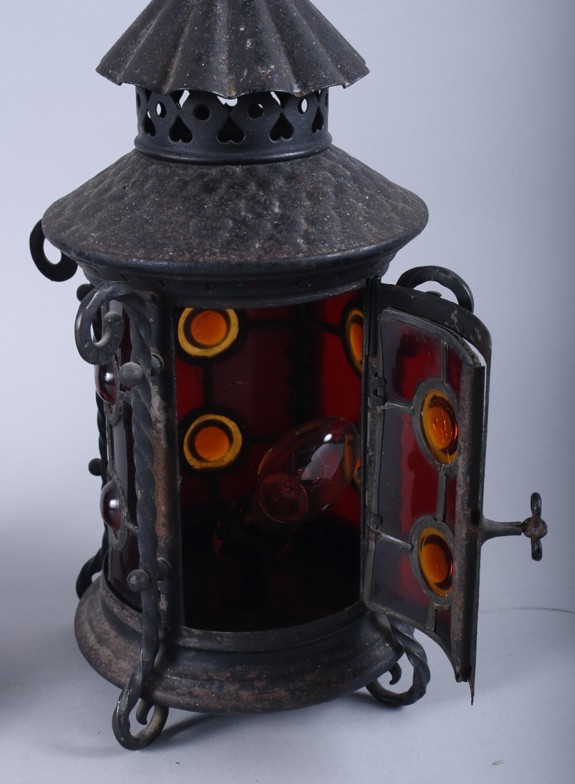 A pair of wrought iron lanterns with red glass windows - Image 2 of 2