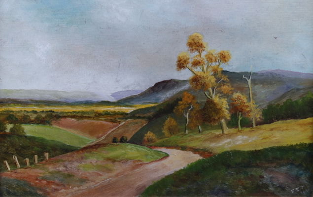 Hugh Church: oil on board, Prittlehall Village, 7" x 12", and an oil on board landscape, road with - Image 3 of 7