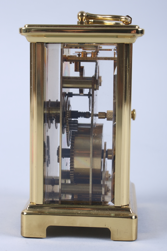 A French gilt metal eight-day carriage clock with seven jewel movement, white enamel dial and - Image 3 of 7