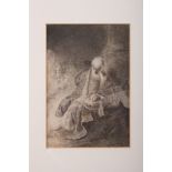 After Rembrandt: an etching, old man with bowl of treasure, in strip frame