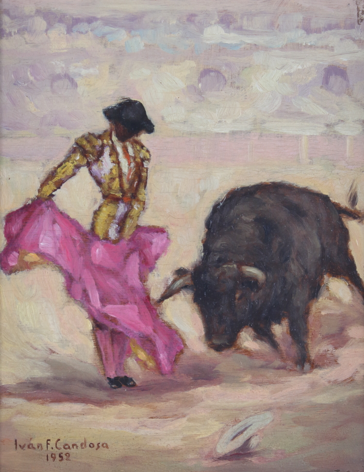 Ivan F Candosa, 1949: oil on canvas, "Herding the Bulls", 17 1/2" x 23 1/2", in grained frame, and a - Image 4 of 5