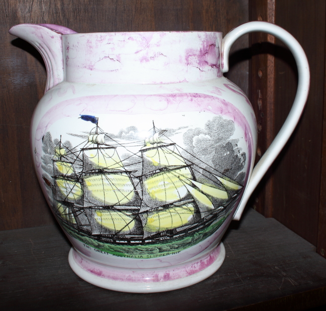 A Sunderland lustre jug, decorated ships, "The Great Australian Clipper Ship", "True Love from Hull"