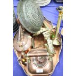 Three copper kettles, various, a copper drainer, a pair of brass candlesticks, a pair of brass eagle