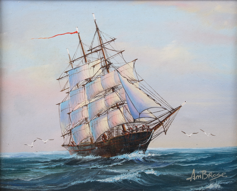 Ambrose: a pair of oils on canvas, ships at sea, 7 1/2" x 9 1/2", in gilt frames - Image 2 of 3