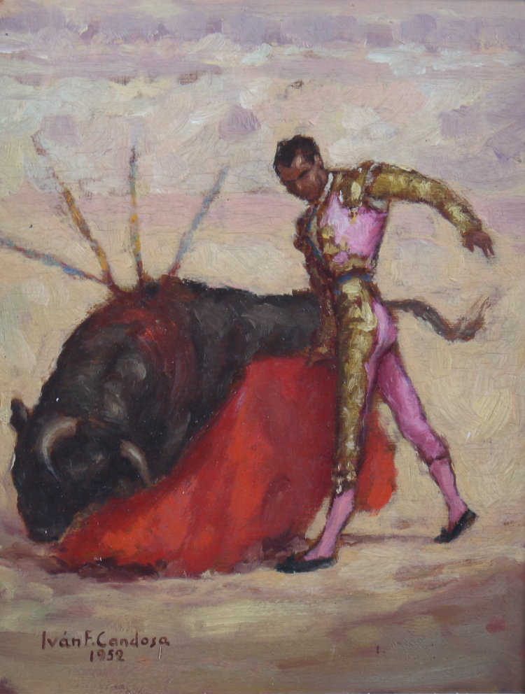 Ivan F Candosa, 1949: oil on canvas, "Herding the Bulls", 17 1/2" x 23 1/2", in grained frame, and a - Image 5 of 5