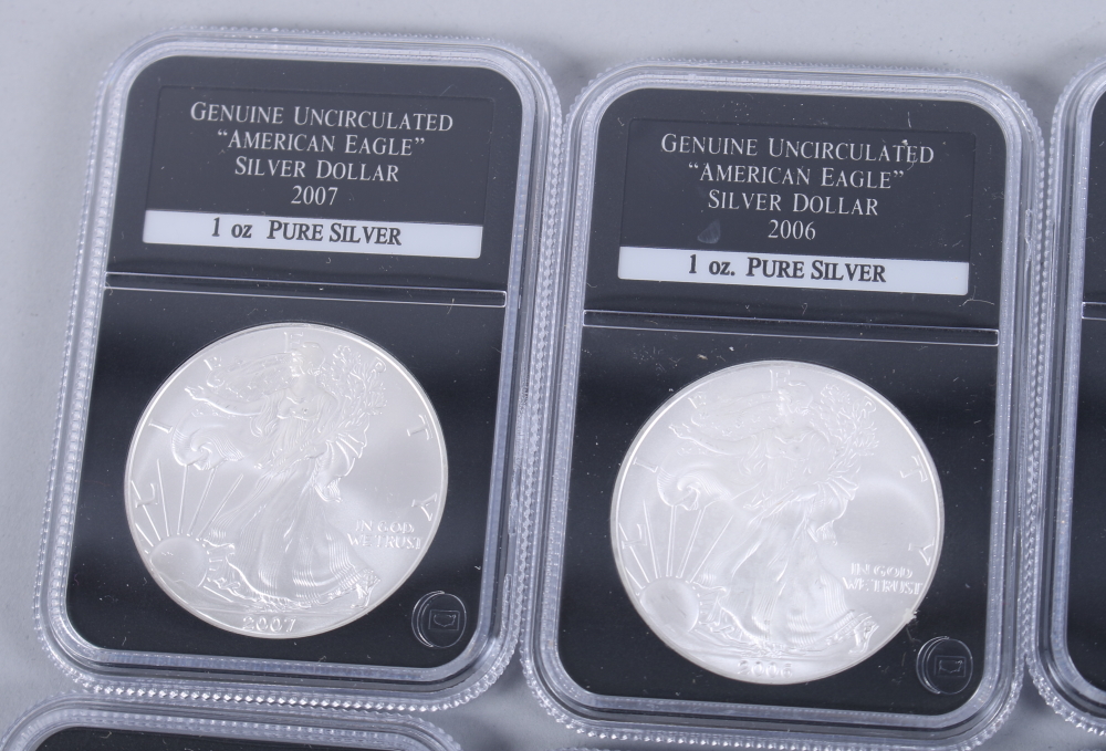 A part set of uncirculated American Eagle 1oz pure silver dollars, in wooden case - Image 13 of 20