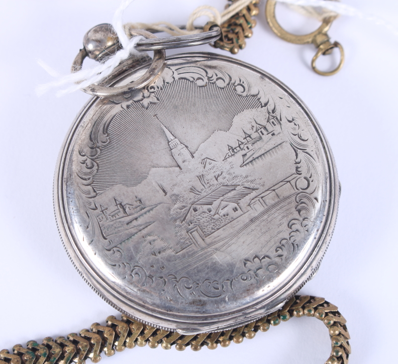 A 19th century cylinder escapement pocket watch, by M J Tobias Liverpool, in white metal case with - Image 3 of 5