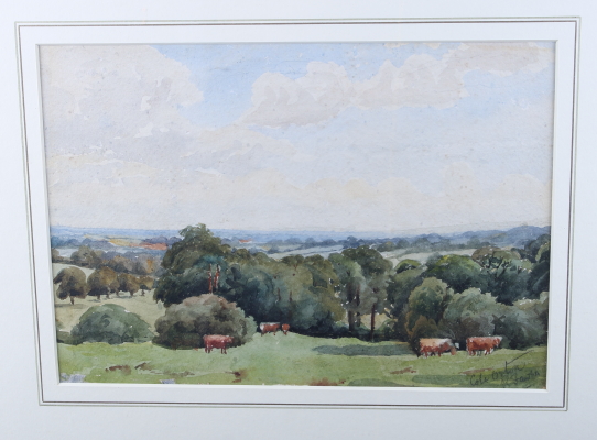 A watercolour landscape, trees and cattle, indistinctly signed, 8 1/2" x 12", in gilt frame, a - Image 4 of 6