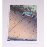 Allen William Seaby: a signed woodcut colour print, "Kingfisher", in oak strip frame