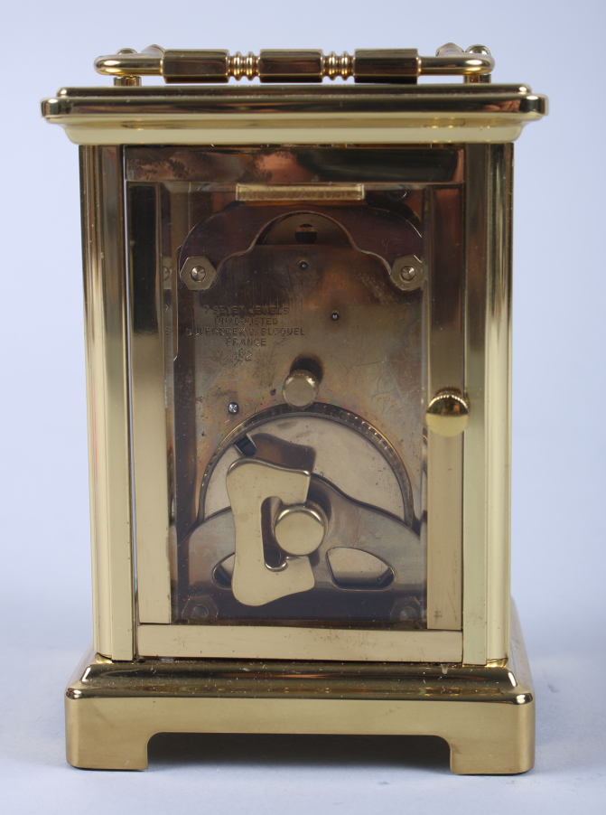 A French gilt metal eight-day carriage clock with seven jewel movement, white enamel dial and - Image 4 of 7