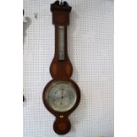 A mahogany and inlaid banjo barometer and thermometer with silvered dial