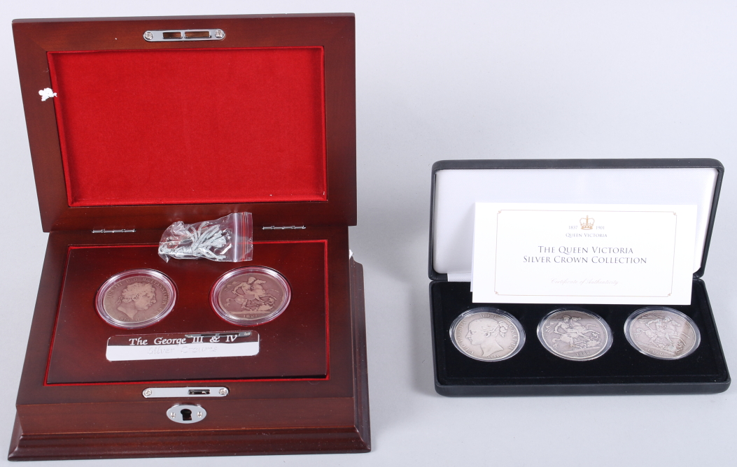 The George III & IV silver crowns, two silver crowns dated 1891 and 1821, in Royal Mint presentation