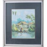 A pair of watercolours, two Malaysian rural scenes, indistinctly signed, 13" x 10", in white strip