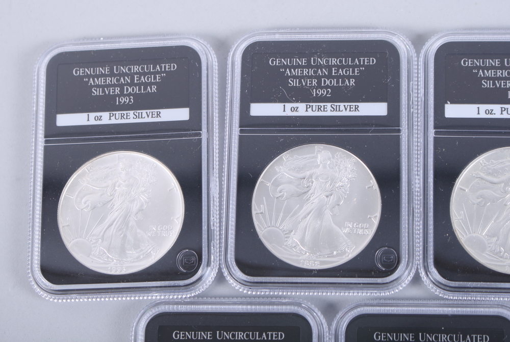 A part set of uncirculated American Eagle 1oz pure silver dollars, in wooden case - Image 8 of 20