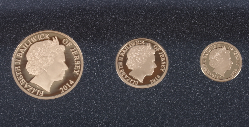 The 2014 Jersey Three-Coin Gold Proof Set, £1, £2 and £5, in fitted case, 63.9g gross - Image 3 of 4