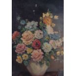 J Whitford: oil on canvas, still life, summer flowers, 20" x 14", unframed, E Dean, 1912: oil on