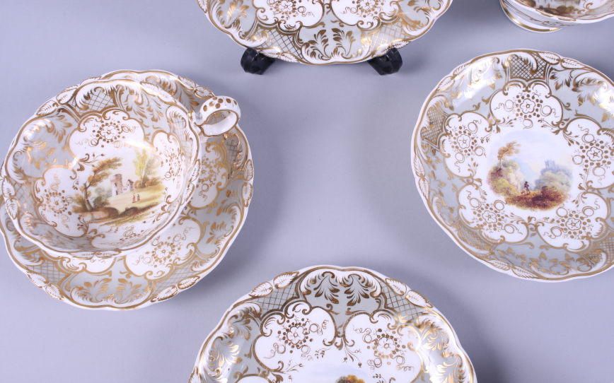 Four 19th century white, grey and gilt decorated cups and saucers, with hand-painted rural scenes to - Image 6 of 8