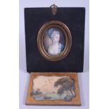 A 19th century oval miniature painting, portrait of a woman in a blue gown, in ebonised frame, and a