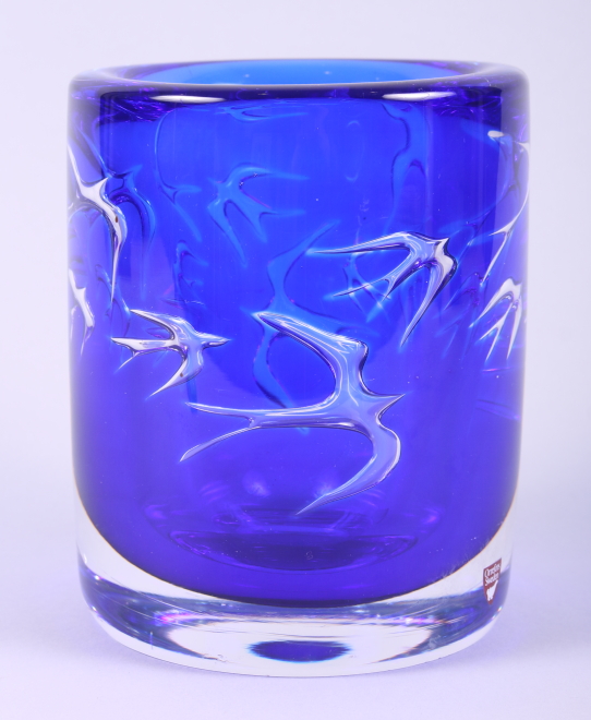 A blue glass vase, decorated with swifts, by Olle Alberius for Orrefors, 6 1/2" high