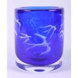 A blue glass vase, decorated with swifts, by Olle Alberius for Orrefors, 6 1/2" high