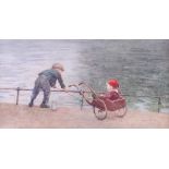 Rose Barton: watercolours, two children with fishing net, 7" x 13", in brown frame