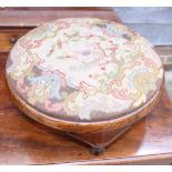 A pair of Victorian mahogany framed circular footstools, a larger similar stool and a rectangular