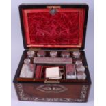 A rosewood and mother-of-pearl travelling vanity case with silver plated and glass containers