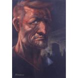 † Peter Howson, OBE: pastel on paper, "Night Watchman", 12" x 8 1/2", in black frame