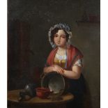 A 19th century Continental oil on oak panel, kitchen maid with utensils, 13" x 10 1/2", unframed