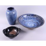 A David Eeles blue glazed bowl, 15" dia, paper label to base, a smaller black two-handled bowl and a