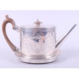 A Georgian silver bright cut oval teapot with composition handle and finial, marks RH London 1821,
