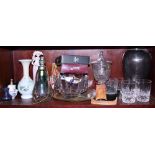 A glass goblet and cover (damages), a glass table lamp, a silver plated vase, etc