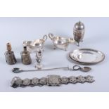 A pair of silver plated sauce boats and stands, a plated nurses belt and various other plated items