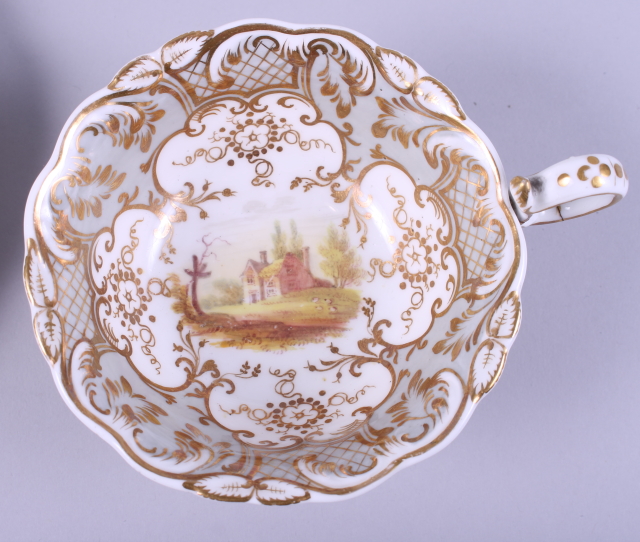 Four 19th century white, grey and gilt decorated cups and saucers, with hand-painted rural scenes to - Image 2 of 8