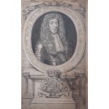 A pair of black and white engravings of James II, 14" x 9", a picture of Charles II and a sepia